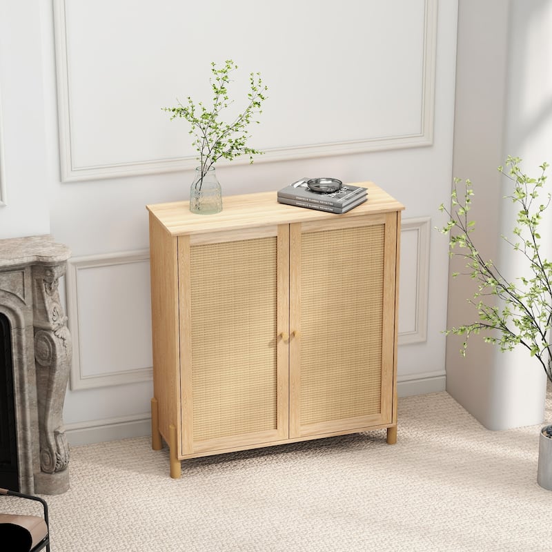 GDFStudio - Ethan Stylish Mid-Century Modern Storage Cabinet with Woven Rattan Doors and Adjustable Shelves - Particle Board
