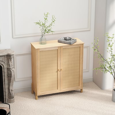 Mid-Century Inspired Storage Unit Featuring Woven Rattan Doors And Customizable Shelving, Designed For Versatile.