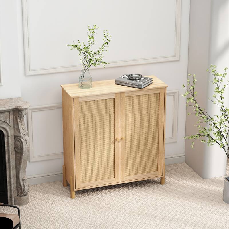 Mid-Century Modern Storage Cabinet with Woven Rattan Doors & Adjustable Shelves - Perfect