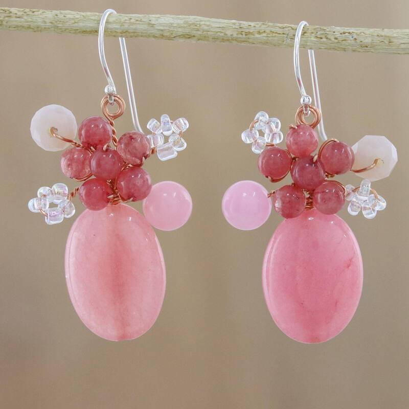 NOVICA Blossom Blush, Quartz beaded dangle earrings - 1.6L*0.9W