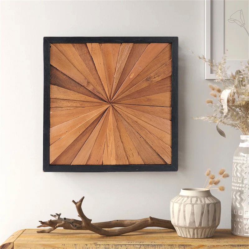 Teak Wood Square Wall Decor Geometric Pattern Hanging Decoration - Sunrise 17" x 17"x 1.6"