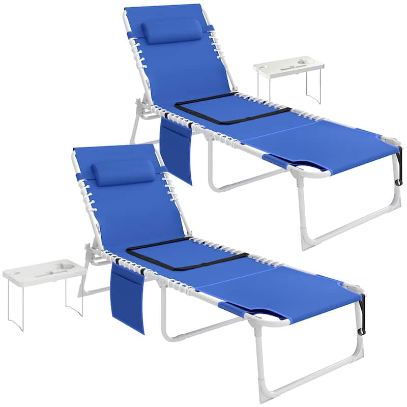 Outsunny Tanning Chair Set of 2 with Face Hole, Side Table, 5-Position Reclining Folding Chaise Lounge Chair