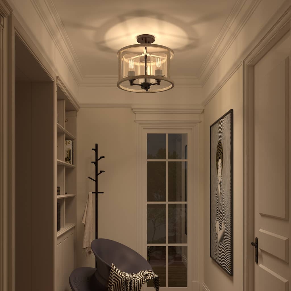 Farmhouse Rustic 3-light Drum Semi-flush Mount with Cylinder Glass - 15