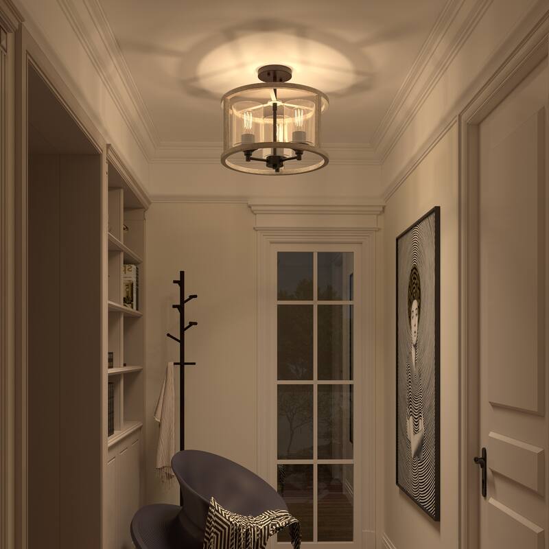 Farmhouse Rustic 3-light Drum Semi-flush Mount with Cylinder Glass