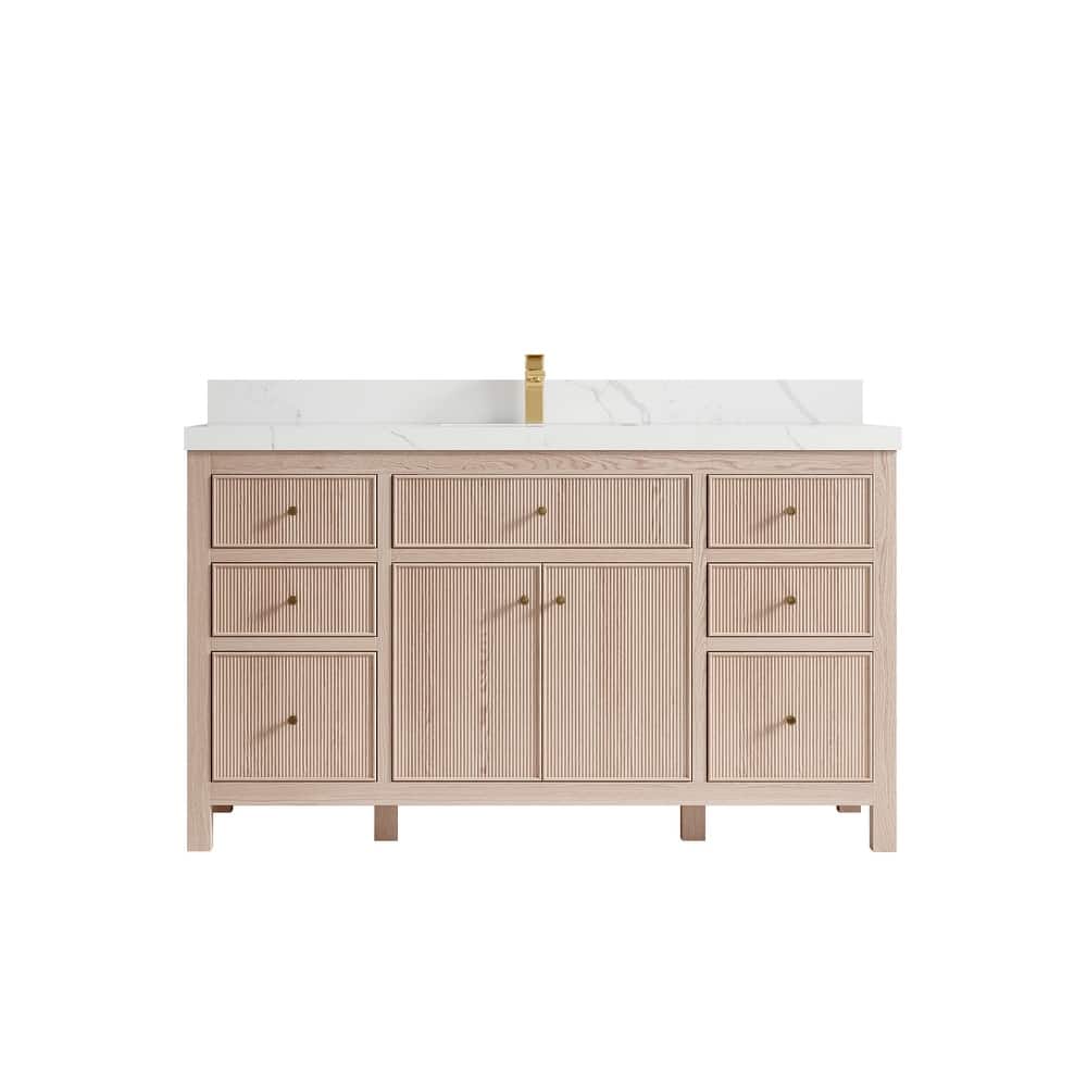 Willow Collections 60 x 22 Sonoma White Oak Wood Single Sink Bathroom Vanity with Quartz or Marble Countertop