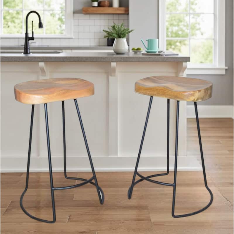 HomeRoots Set of Two 25" Natural And Black Steel Backless Counter Height Bar Chairs - Counter Height - Set of 2 - Natural