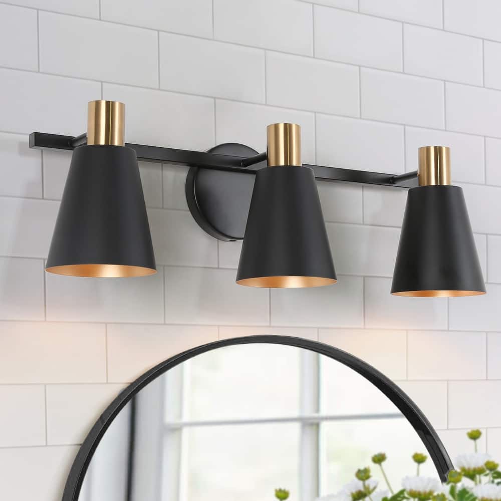 Modern 3-Lights Metal Cone Shade Bathroom Vanity Lights Dimmable Wall Lamp Black with Gold - L 22'' x W 7'' x H 7''