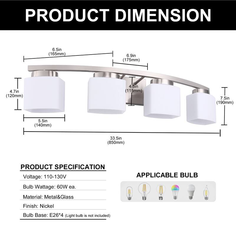YANSUN E26 4-Light Sleek Nickel Curved Vanity Light with Frosted White Shades for Modern Spaces - 33.5*6.5*7.5