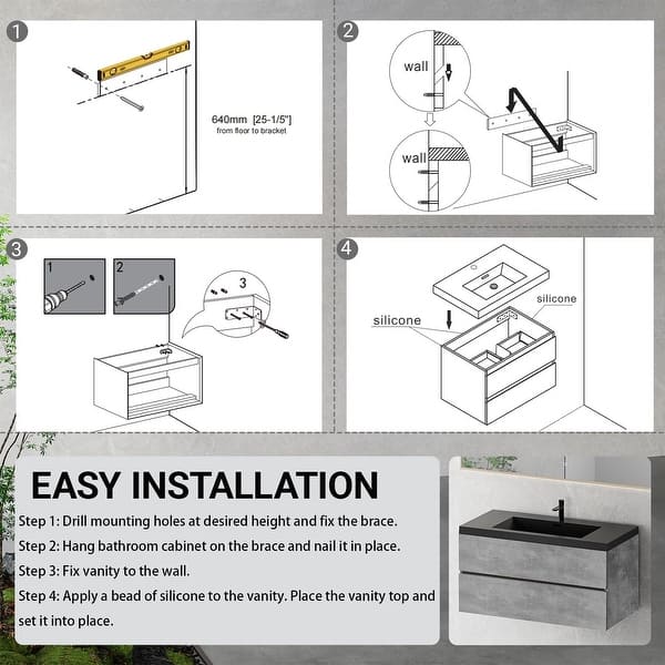 dimension image slide 2 of 5, GDFStudio - Carter Floating Bathroom Vanity with Quartz Sand Countertop & Soft-Close Drawers