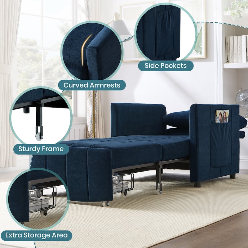 Roomfitters Convertible Sleeper Sofa with Pull-Out Bed 5-Position Adjustable Backrest Side Pockets & Storage Basket
