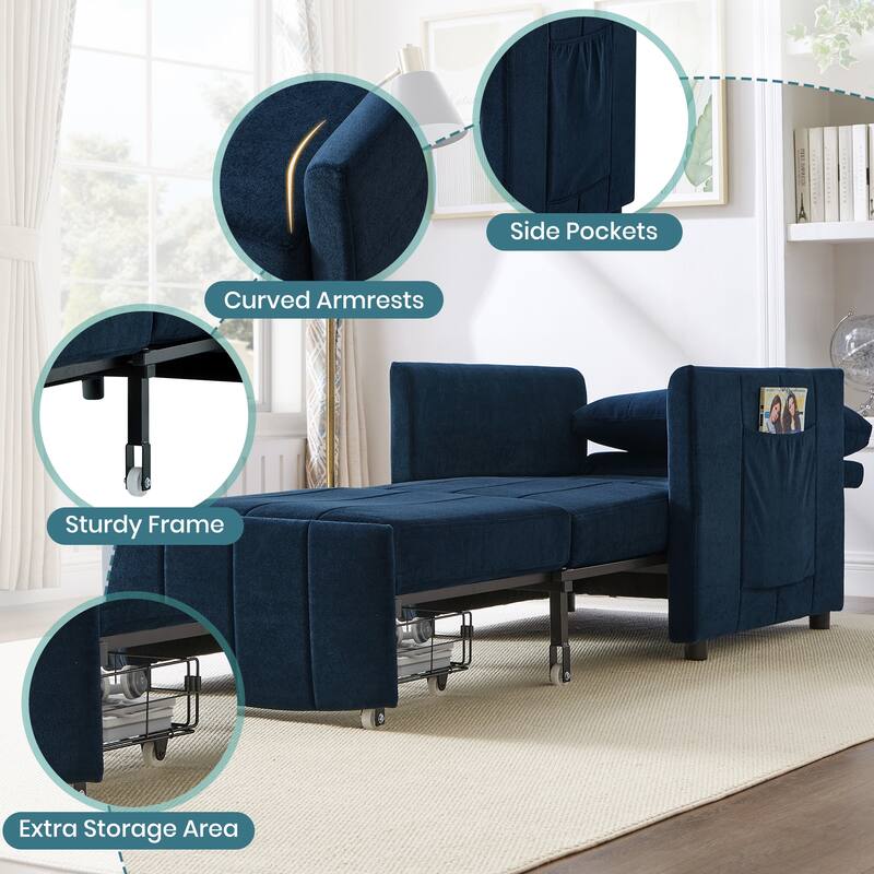 Upholstered Convertible Sleeper Sofa with 5-Position Adjustable Backrest, Side Pockets and Storage Basket, Blue