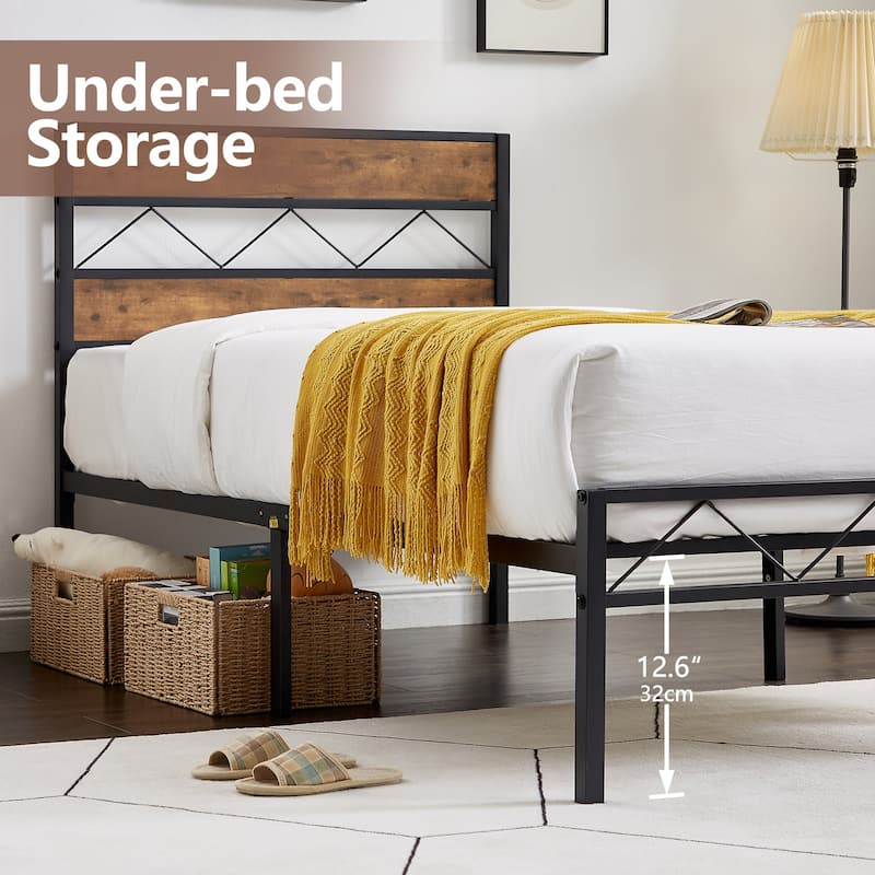 VECELO Vintage Metal Platform Bed Frame with Wood Headboard, Storage Bed, Noise-Free, No Box Spring Needed, Twin/Full/Queen Size