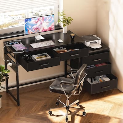 55'' Computer Desk with 5 Fabric Drawers,Home Office Desk with Power Outlets ＆ Printer Stand