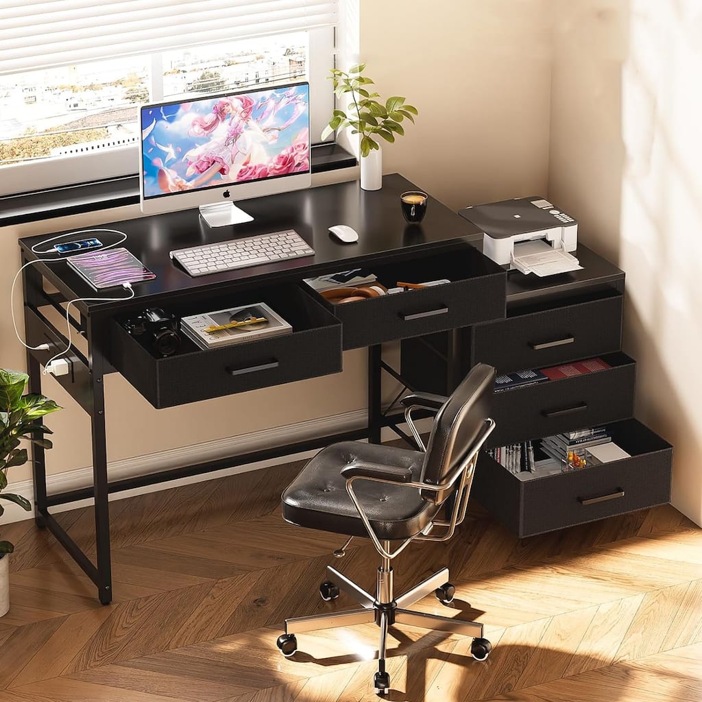 55'' Computer Desk with 5 Fabric Drawers,Home Office Desk with Power Outlets ＆ Printer Stand