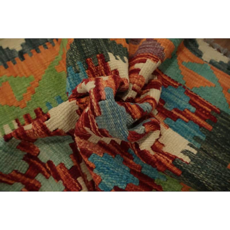 Hand Woven Oriental 100% Wool Carpet Southwestern Geometric Oranges & Rust Kilim Runner Rug - 6' 6'' X 2' 3''