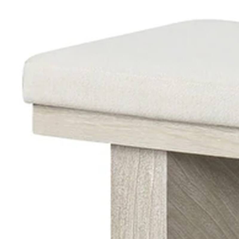 Hagy Dining Bench, 59 Inch, Panel Rubberwood Base, White Fabric Padded Seat