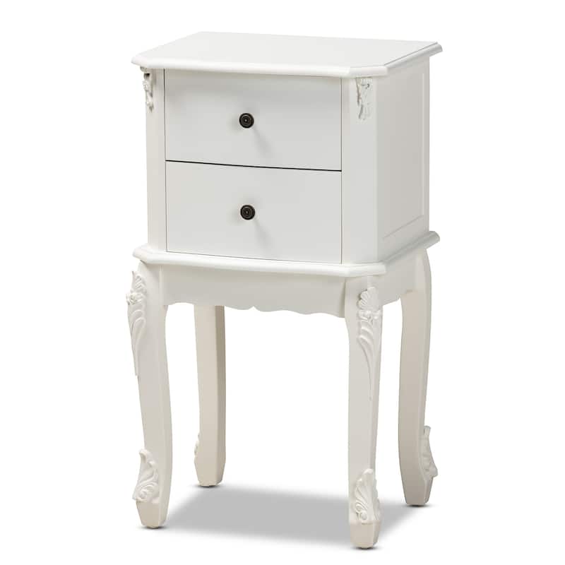 French White Nightstand 2 Drawer - Bedroom Accent Table with Knobs & Classic Design