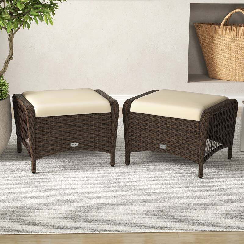 Gymax 2 Pieces Outdoor Patio PE Wicker Ottomans w/ Removable Cushions