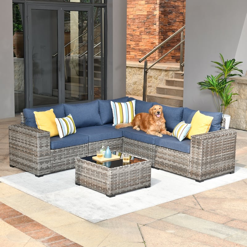 OVIOS Patio Wicker Furniture Wide Arm 6-piece Set with Table - Denim Blue
