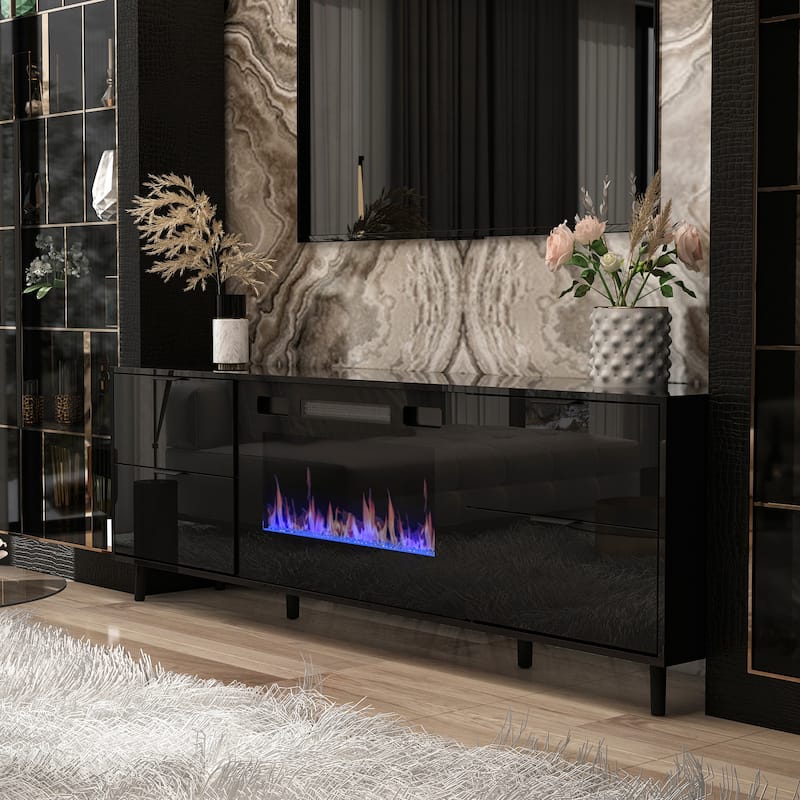TV Stand with Integrated Electric Fireplace - 12 Flame Modes Cosole