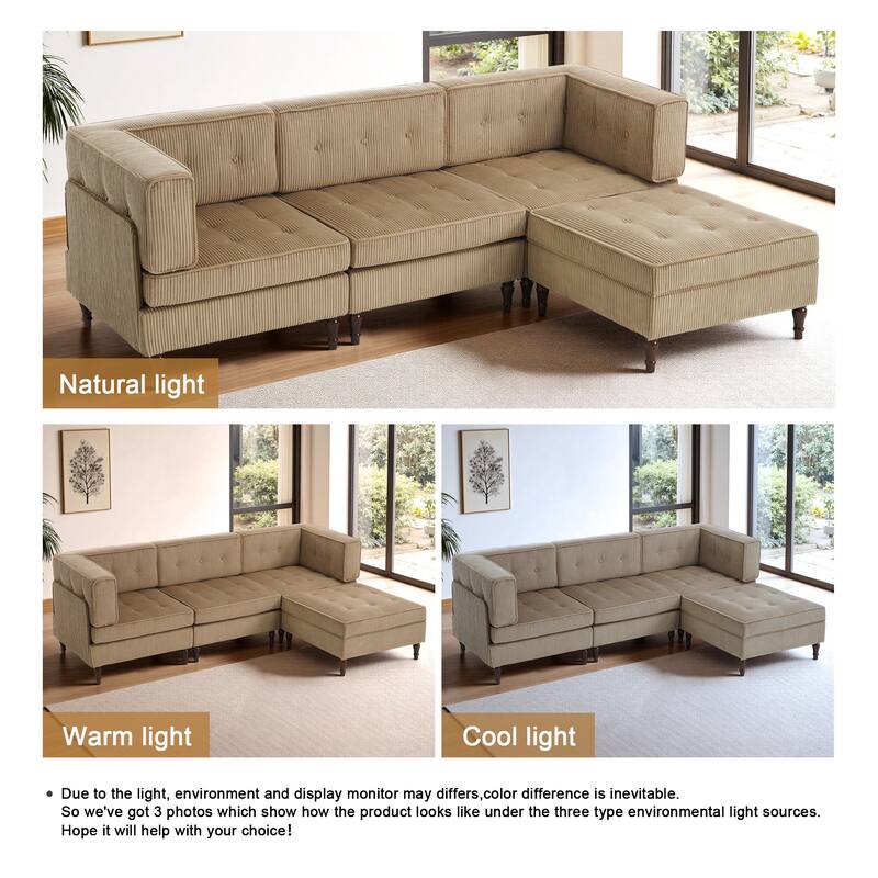UIXE 4 - Piece Corduroy Sectional Sofa with Flip-Top Storage Ottoman Coffee Table