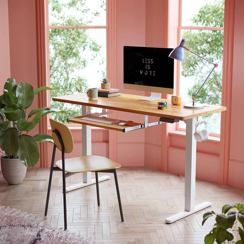 FEZIBO Standing Desk with Keyboard Tray, Electric Height Adjustable Desk, Sit Stand Up Desk, Computer Office Desk - Light Rustic - 24"D x 55"W x 46.06"H