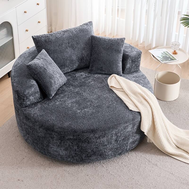 Round Accent Chair with High-Resilience Cushions, Swivel Chenille Barrel Chair, Fluffy Sleeper Lounge Chair