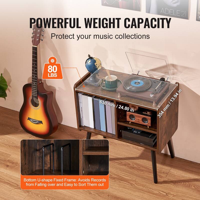 Record Player Stand with Vinyl Storage, Adjustable Turntable Cabinet - 25.98 x 13.86 x 26.97 inch