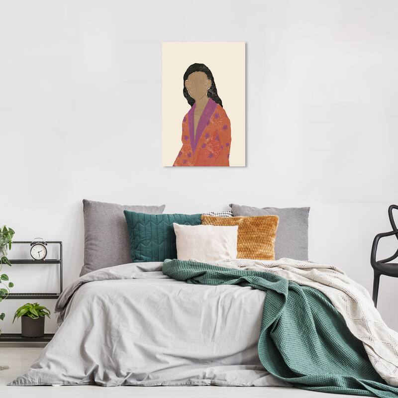 Wynwood Studio Canvas Fashion and Glam Kimono Style Girl Orange and Dark Orange Traditional Wall Art Canvas Print - 24 x 16