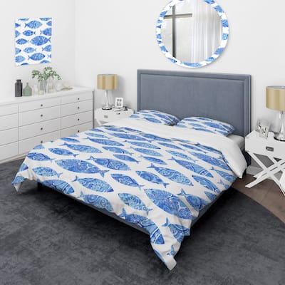 Designart 'Pattern with Fishes' Nautical & Coastal Bedding Set - Duvet Cover & Shams