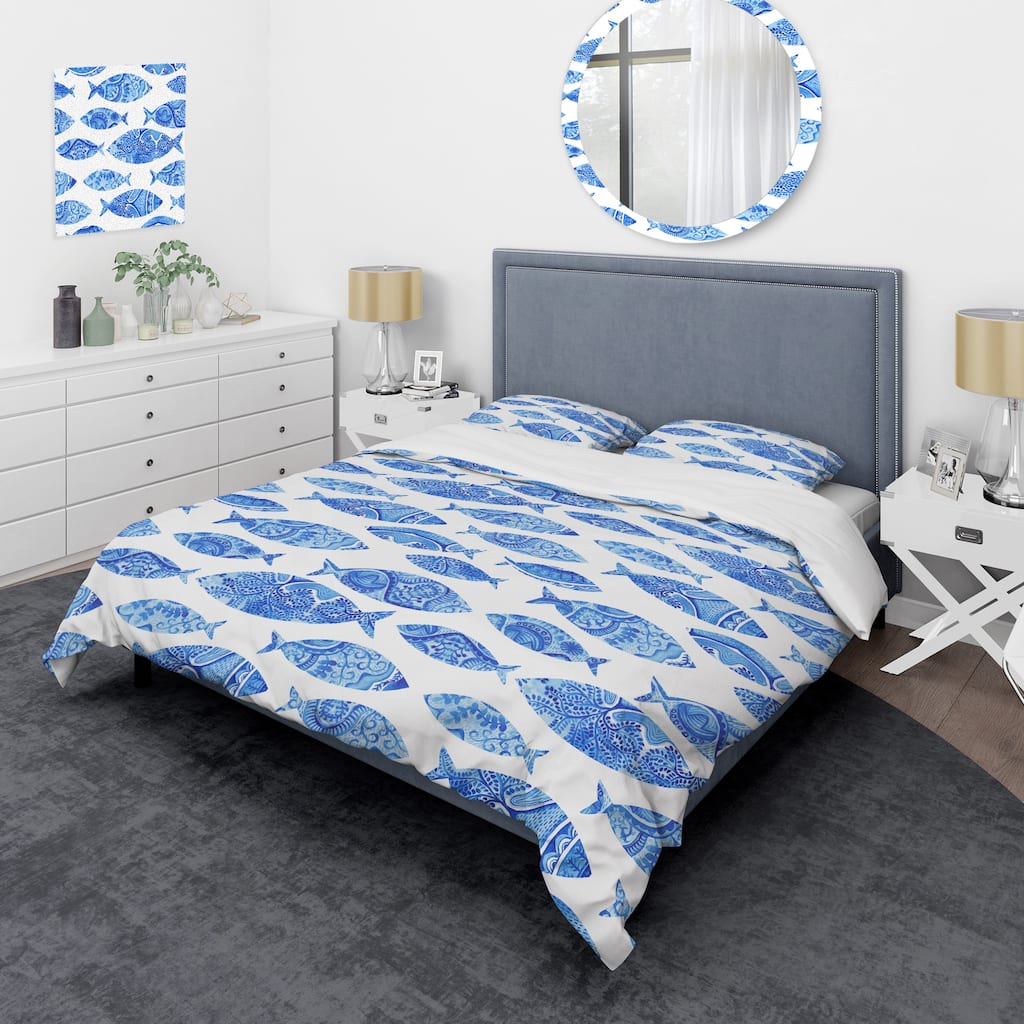 Designart 'Pattern with Fishes' Nautical & Coastal Bedding Set - Duvet Cover & Shams
