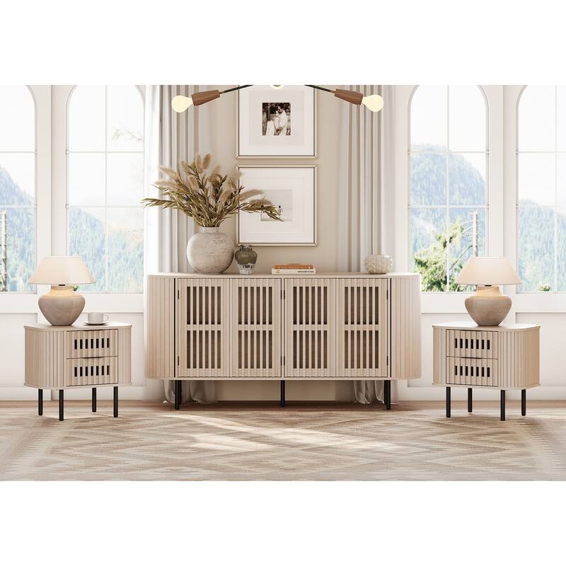 WAMPAT 3 Piece Fluted Buffet Cabinet and Nightstand - Natural