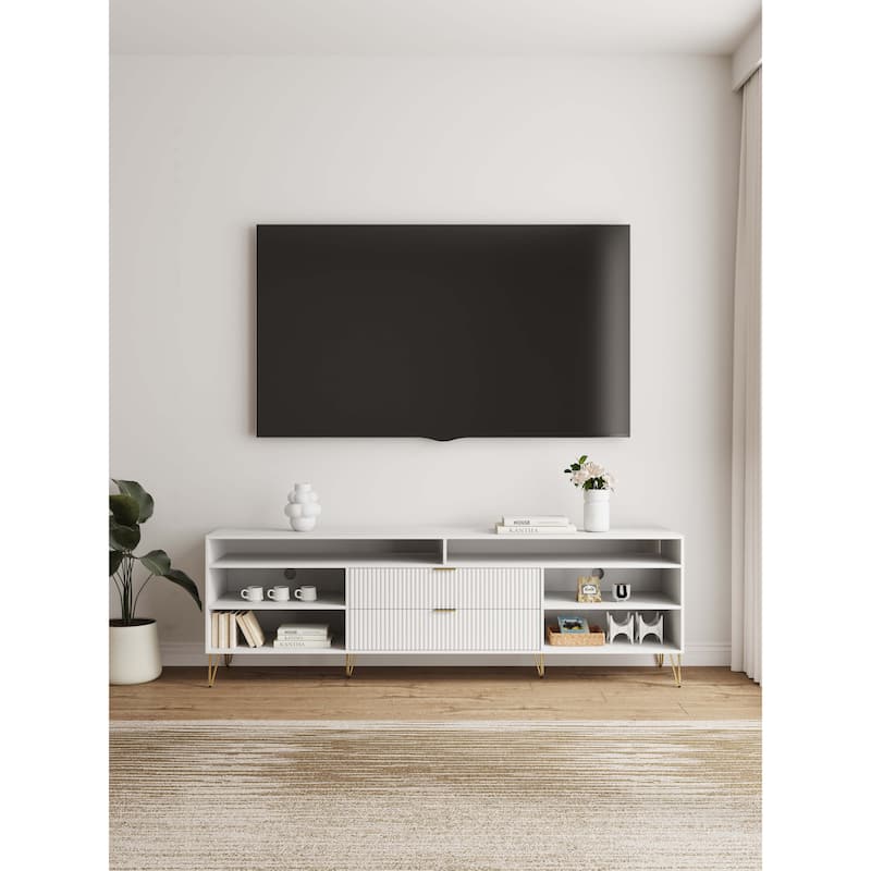 Manhattan Comfort Dumbo Mid-Century Modern TV Stand with 6 Shelves - White - 85 In. Wide