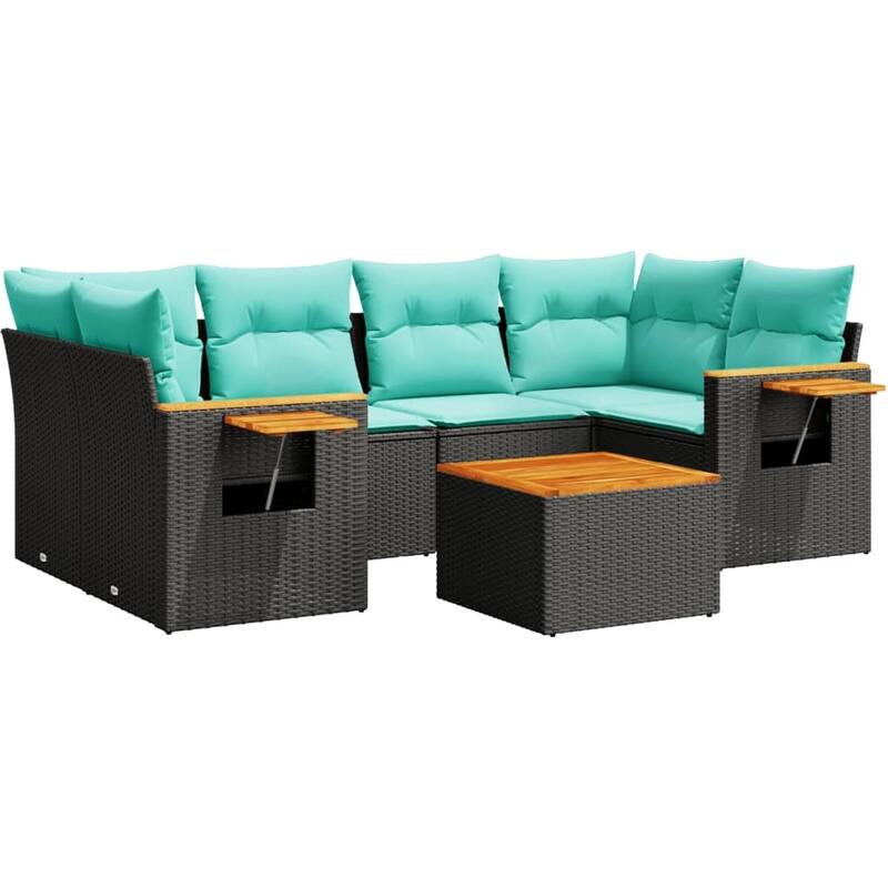 vidaXL 7 Piece Patio Sofa Set with Cushions Black Poly Rattan - 24.4 x 24.4 x 27.2