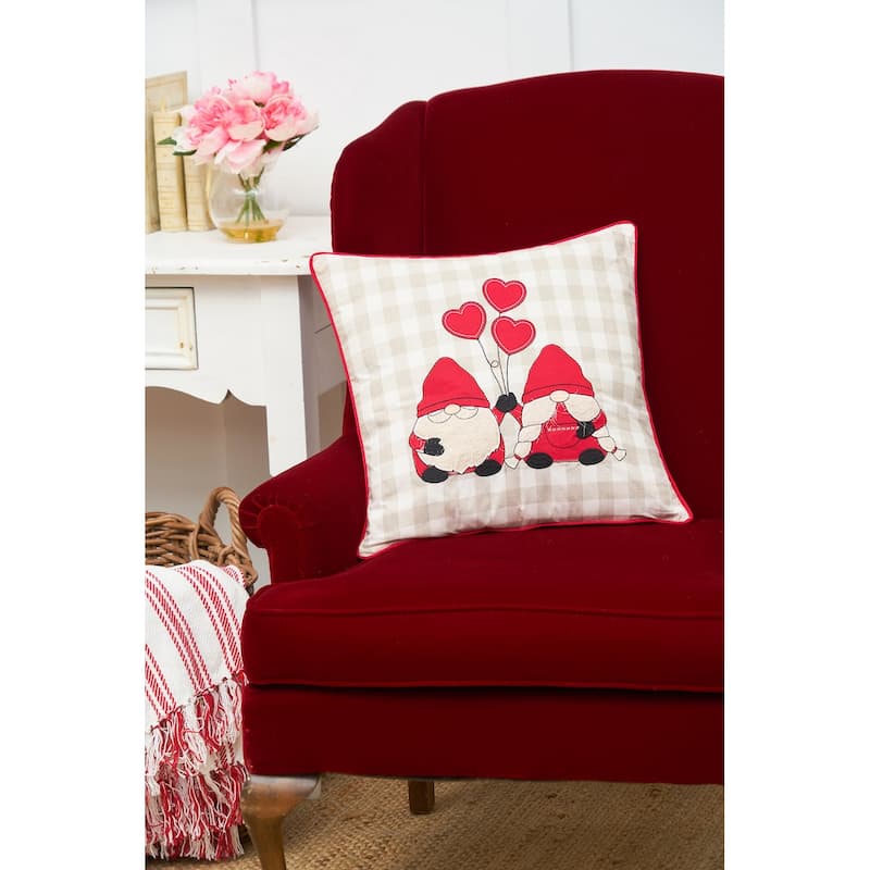 18" x 18" Valentine's Day Gnomes w/ Heart Balloons Embroidered Accent Throw Pillow