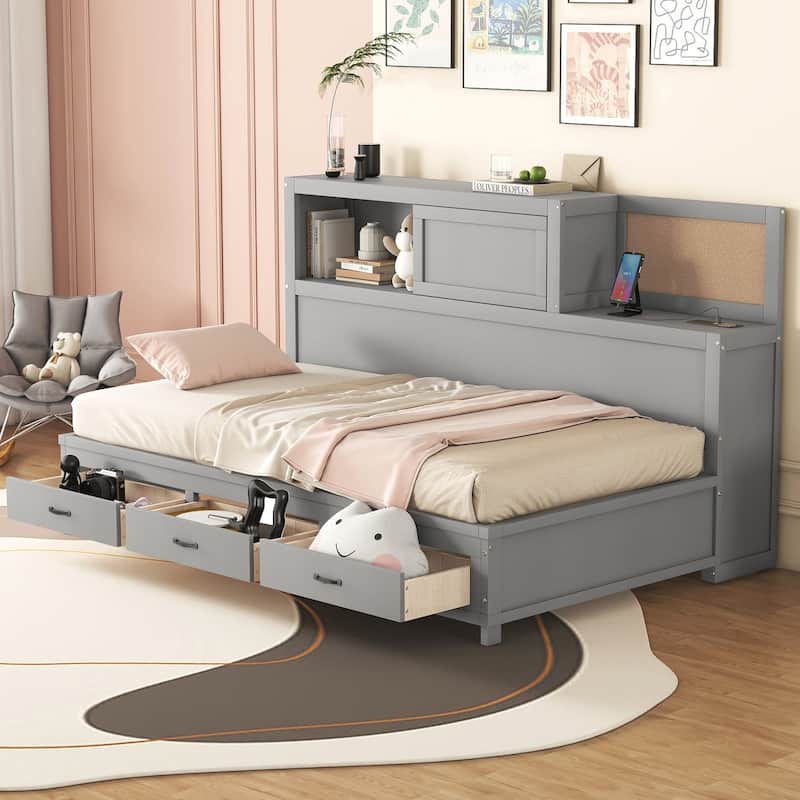Twin Size Wooden Daybed with 3 Storage Drawers