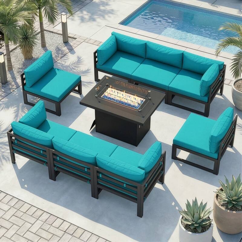 9-Piece Aluminum Outdoor Furniture Set With Fire Pit Table Propane/Natural Gas 60,000 BTU, Extra Large Aluminum Patio Sectional - Gray Frame - Teal