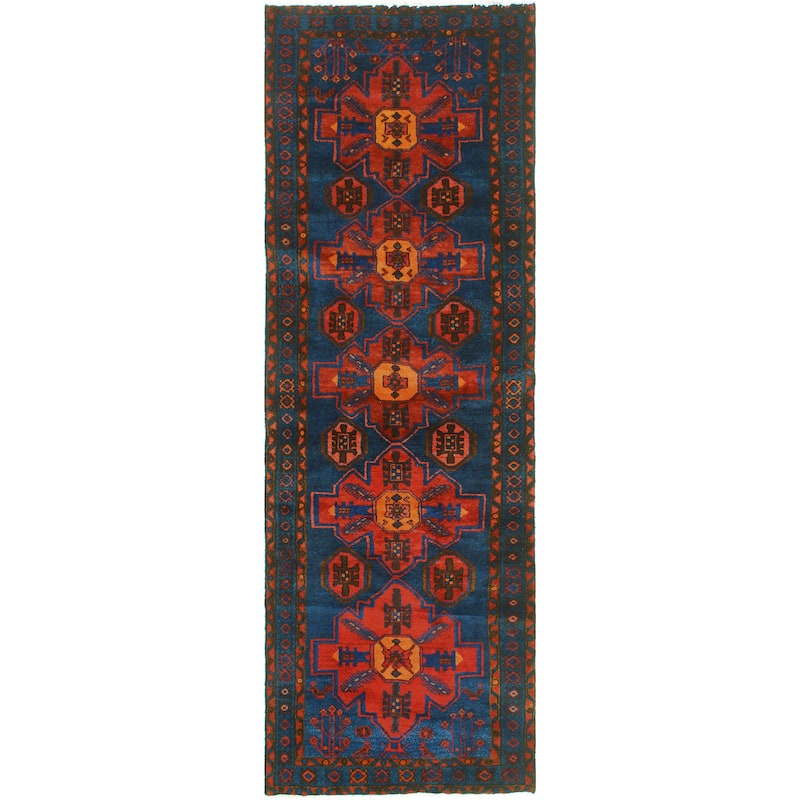Fine Vintage Distressed Mirwais Navy/Red Runner - 3'3" x 10'1"