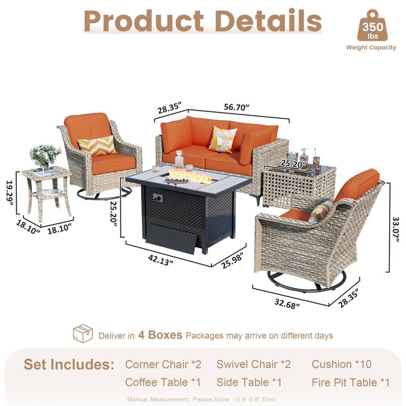 OVIOS 7 Pieces Outdoor Wicker Furniture Set With Solar-Powered Coffee Table&Fire Pit