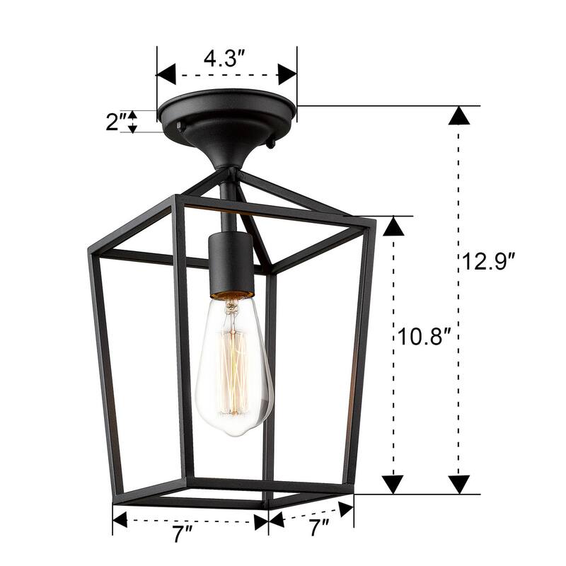 Black Metal 12.9" Caged Semi Flush Mount Ceiling Lighting