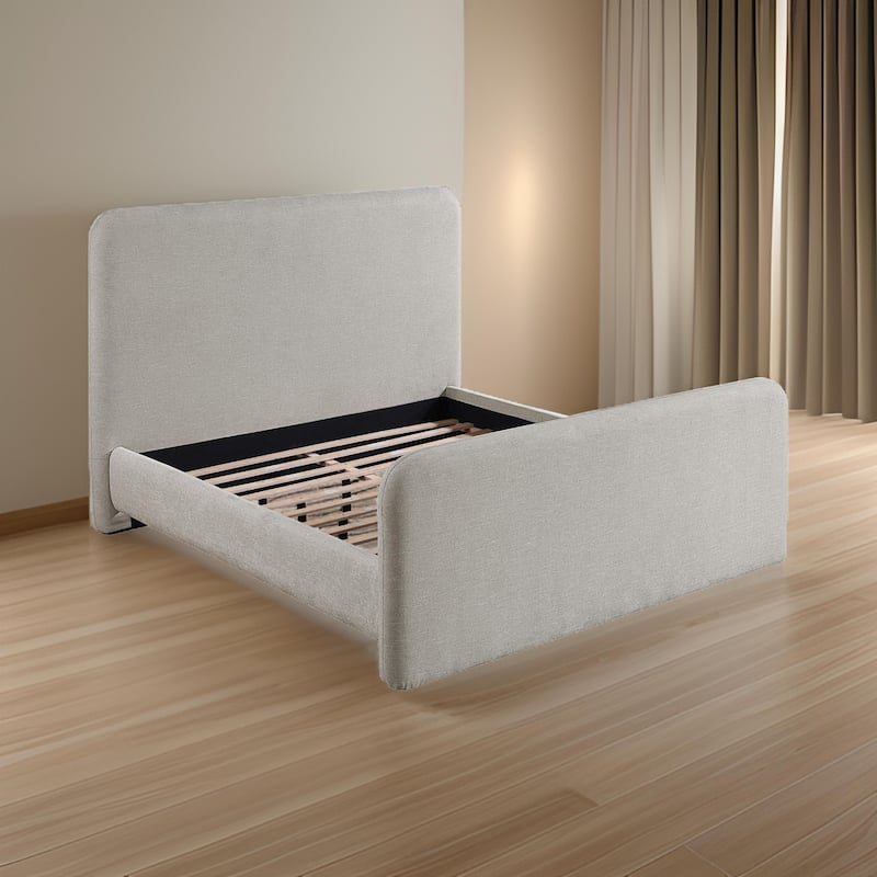 Jene King Size Bed, Upholstered Panel Headboard, Rounded Corners, Gray