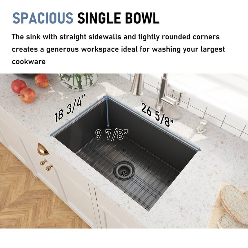 CASAINC All-in-One Undermount Single Bowl Fireclay Kitchen Sink with Pull Down Sprayer Kitchen Faucet, Bottom Grid, and Strainer
