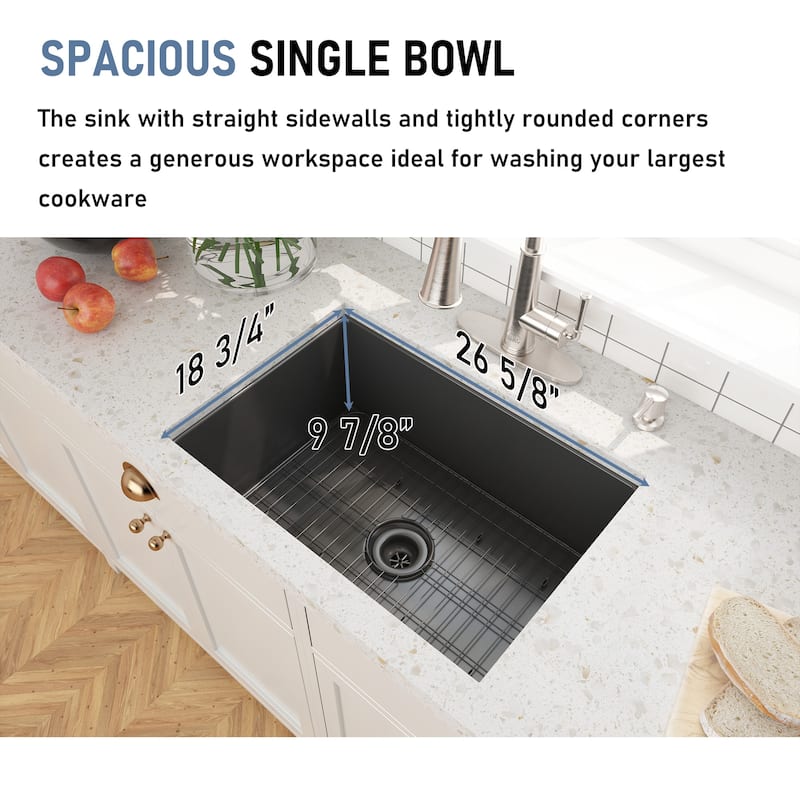 CASAINC Undermount Single Bowl Fireclay Kitchen Sink with Bottom Grid and Strainer, cUPC Certified