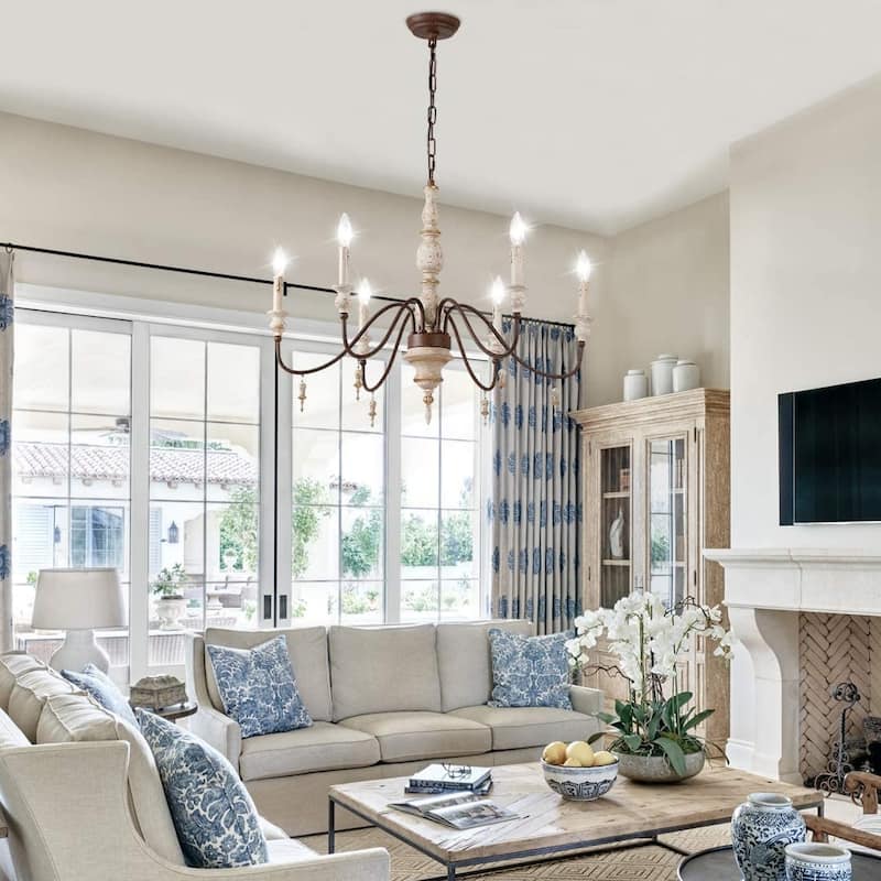 6-Light Classic Wood Like Metal Chandelier Medieval Antique Style 30 Inches Wide