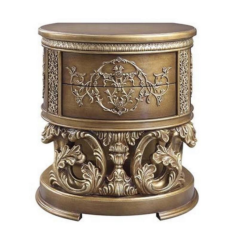 Nightstand with Scrolled Carvings and Half Moon Shape, Antique Gold
