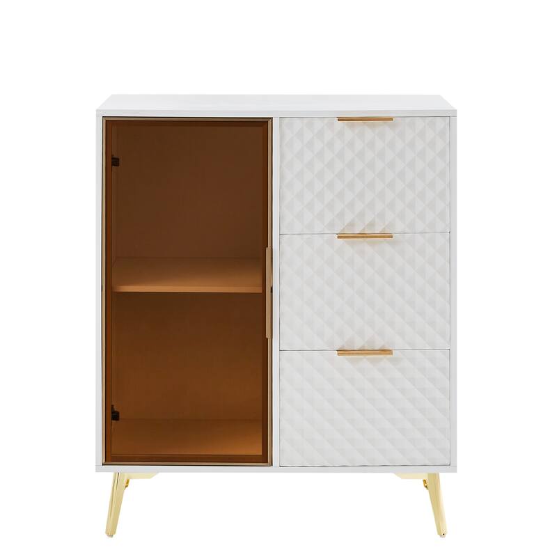 Deluxe Carved Modern Fashion Style Chest of Drawers with Aluminum Alloy Frame Tempered Glass Doors Three Drawer Chest