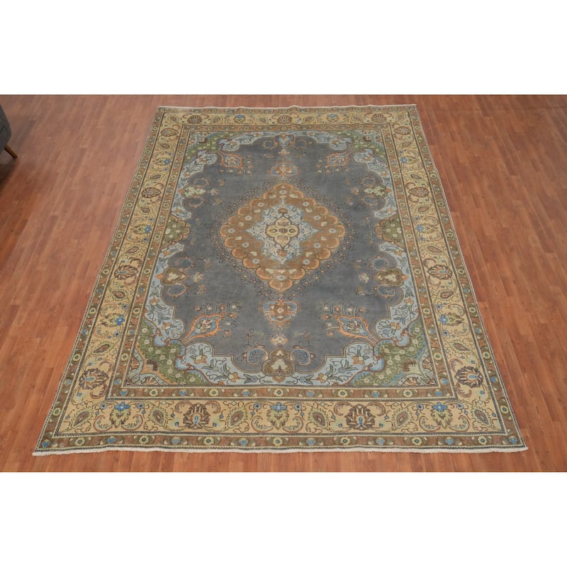 Hand Knotted Oriental 100% Wool Carpet Traditional Floral Greys & Charcoal Tabriz Area Rug - 12' 7'' X 9' 6''