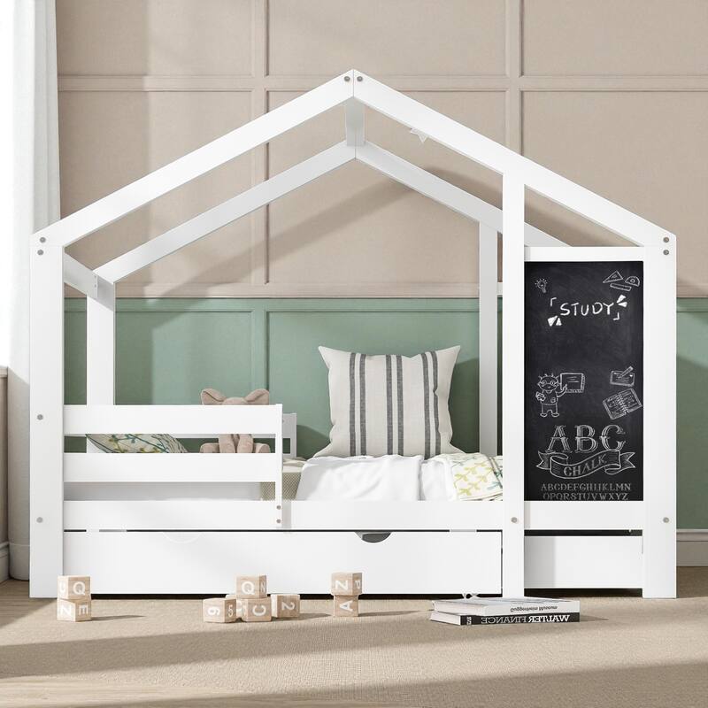 Twin/Full House Bed with Blackboard and Storage Drawers, Kids Wood Bed with Two Assembly Options and Safety Rails