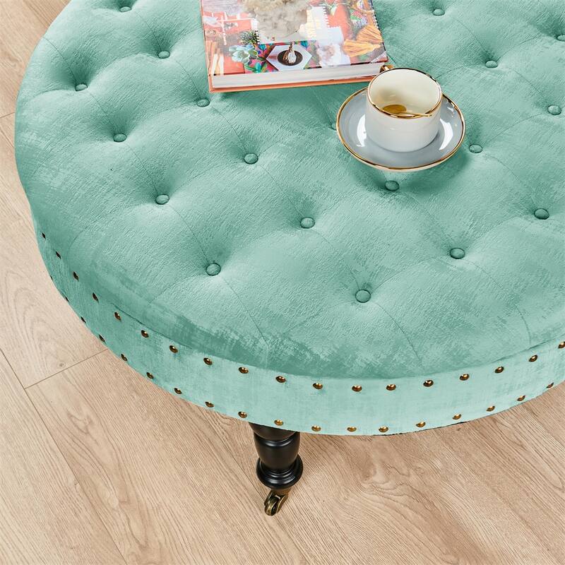 Round Velvet Tufted Coffee Table Ottoman, 34" x 34" x 17" H