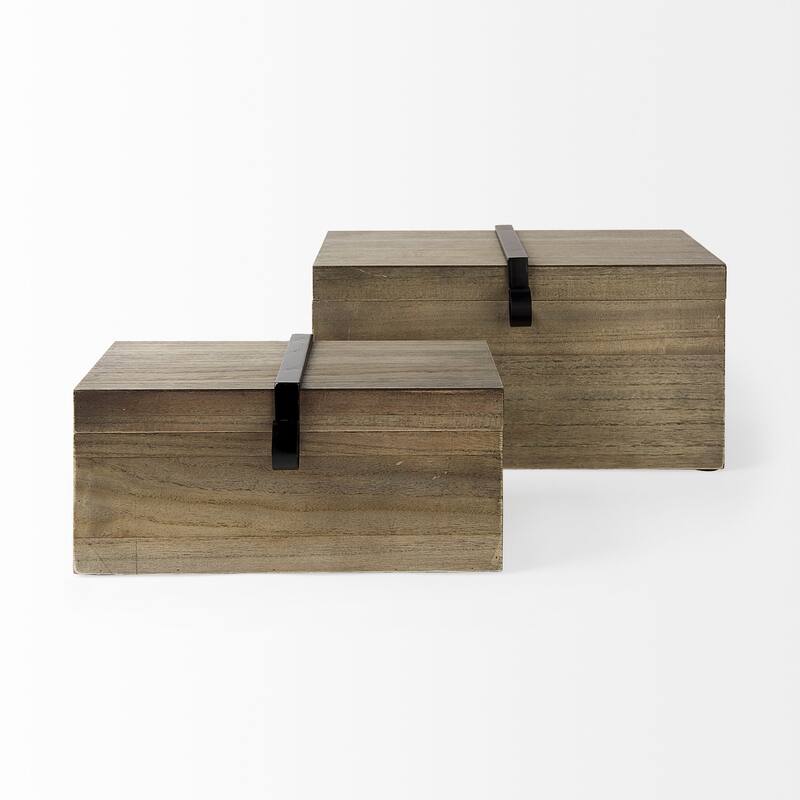 Josh 15.9L x 11.6W x 8.3H Set Of Two Light Brown Wood W/ Metal Detail Boxes - 15.9L x 11.6W x 8.3H